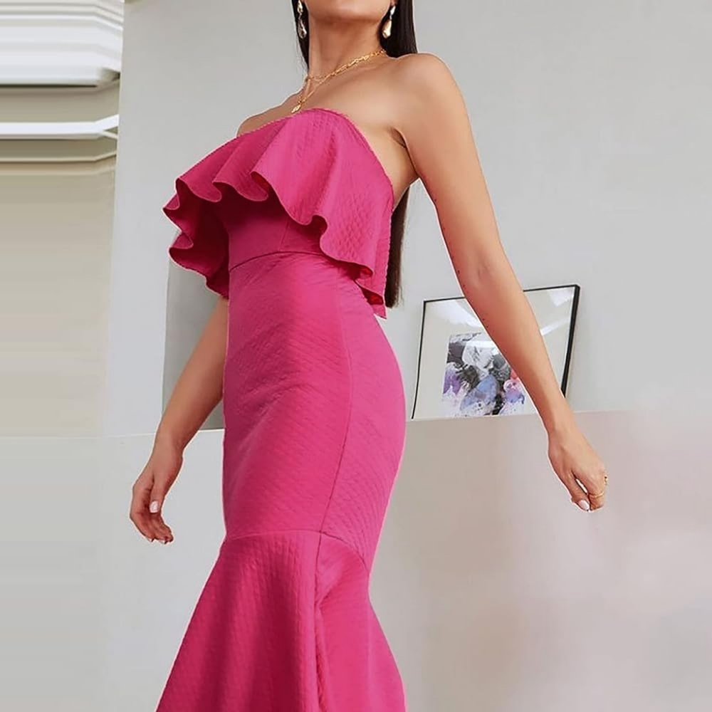 Pink Strapless Ruffle Midi Dress Small 2, 4